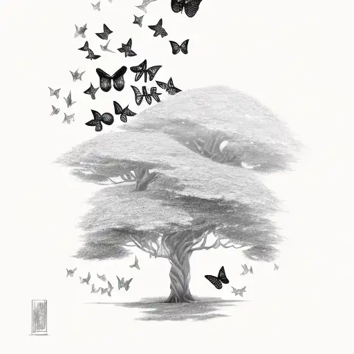 A Few Large Butterflies Flying Around A Tree With A Thick Trunk And Small Top