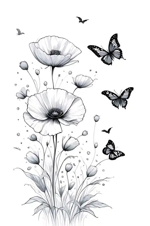 Poppies And Butterflies Flying