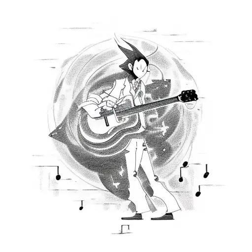 A Tattoo Design Of A Musician Playing A Guitar With A Manga-style Background Of Swirling Energy