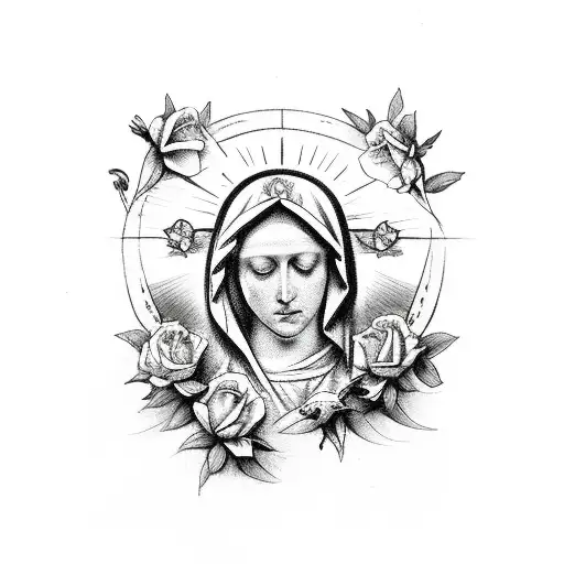 The Virgin Mary On Top Of Two Roses And A Dove On Both Sides And A Cross