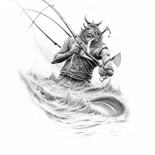 A Fisherman Battling A Demonic Fish In A Hellish River