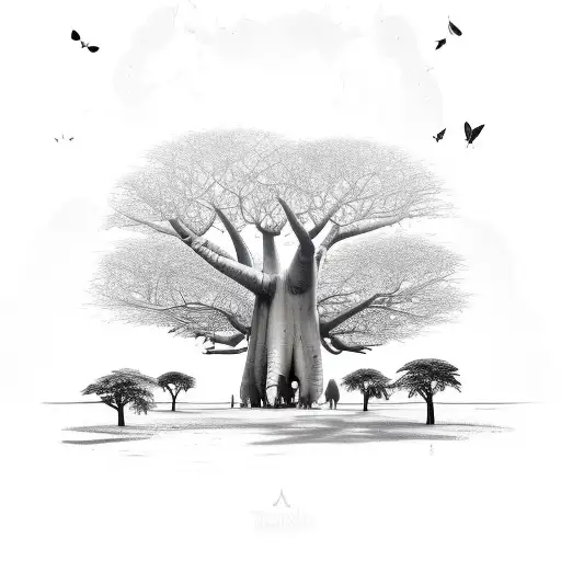 A Few Large Butterflies Flying Around A Large Baobab Tree