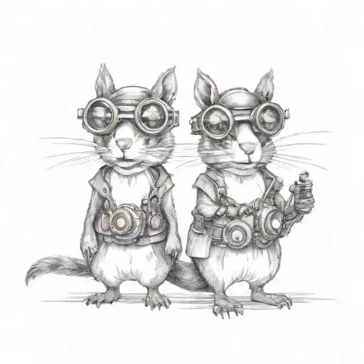 A Matching Cartoon Squirrel Duo Dressed In Steampunk Attire With Goggles And Gears