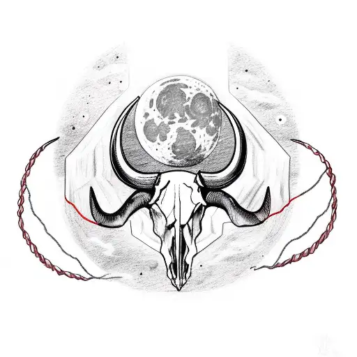 Bull Skull With Lunar Moon And Red String Of Fate In A Misty Forest