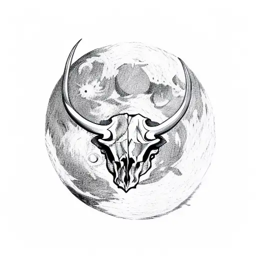 Bull Skull With Red Eyes In Lunar Moon And Red String Of Fate In A Misty Forest
