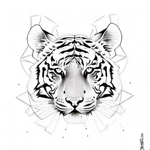 A Sketch Style Tattoo Of A Tiger Walking Through A Forest With Geometric Patterns On Its Fur