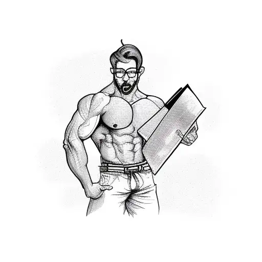 Muscular Bold Man Holding A Book In One Hand And The Other Hand Is Turned Upwards
