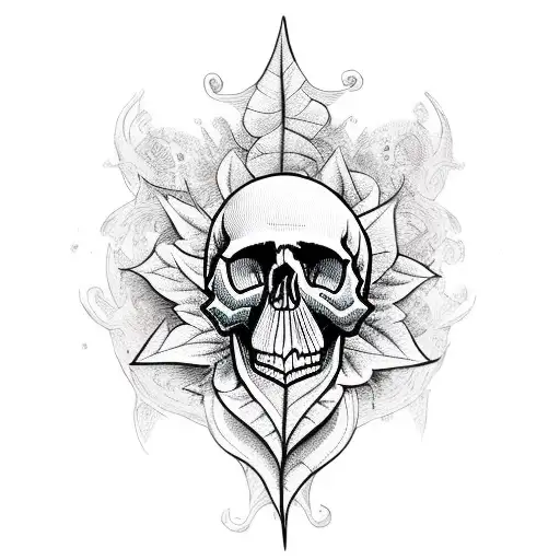 Skull With Tarot Card And Leaves