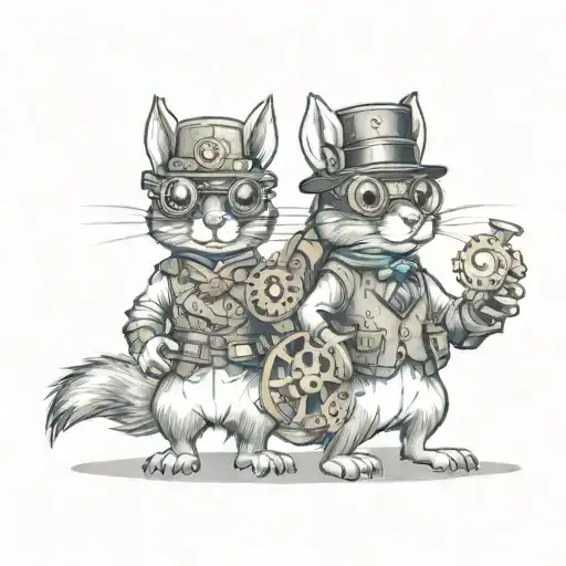 A Matching Cartoon Squirrel Duo Dressed In Steampunk Attire With Goggles And Gears