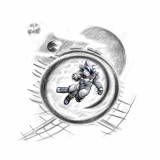 A Sketch Of A Roller Coaster Track Twisting Around A Moon With Goku Flying Through Space