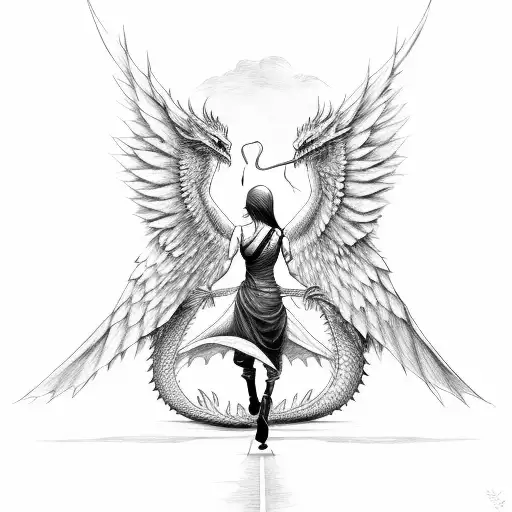 Woman With Wings And An Arc Fights Aigaint A Dragon