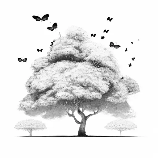 A Few Large Butterflies Flying Around A Big Tree With A Thick Trunk