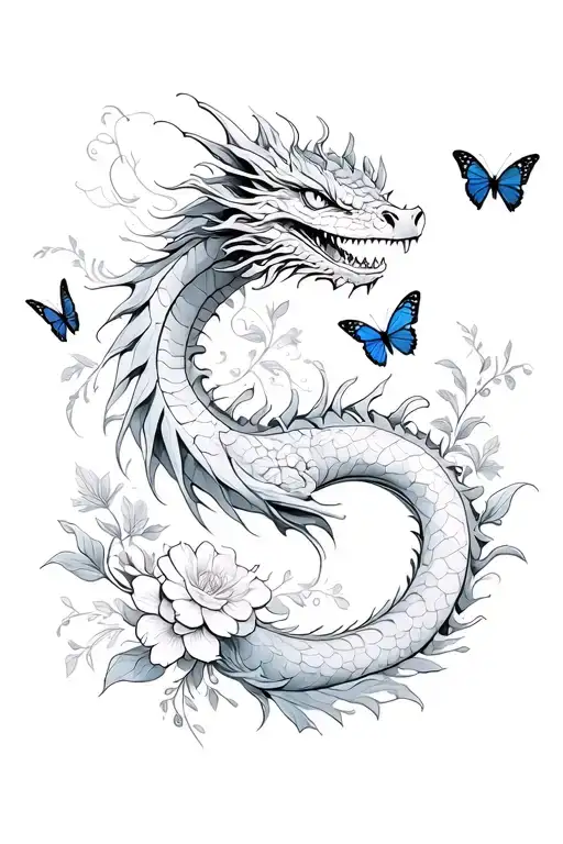 Dragon With Butterflies And Flowers Intertwined