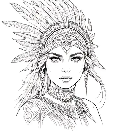 Azte Warrior Girl With Feathers On Head
