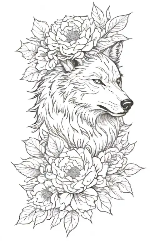 Wolf Face And Large Peony Flowers