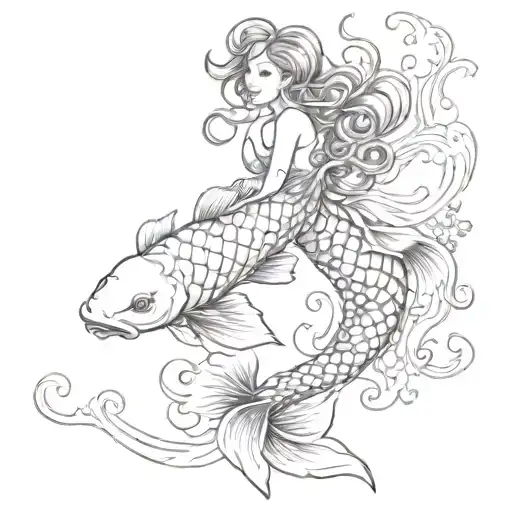 Koi Fish With Mermaid Coming Out Top Fin Emerging