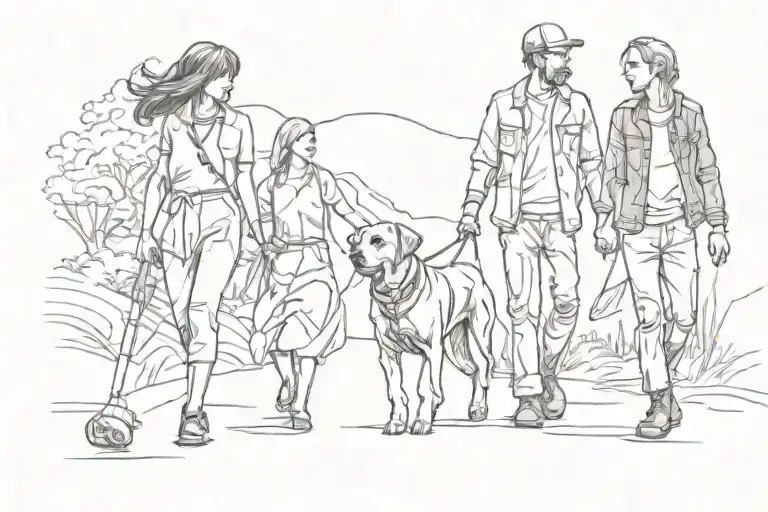 Couple Walking With Their Dog