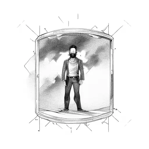 A Man Standing In Front Of A Broken Mirror With Dark Clouds