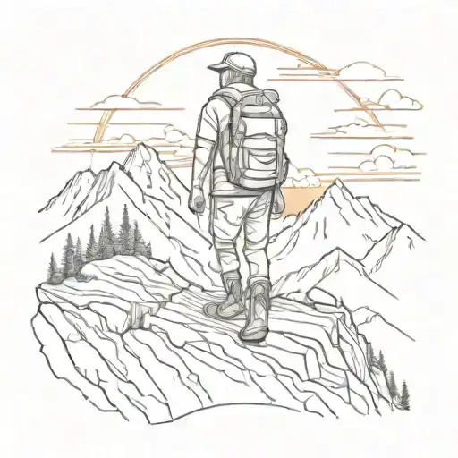 Hiker In Mountains With Sunset