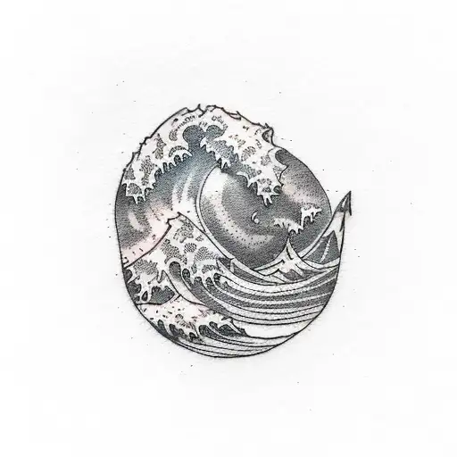 A Small Line Art Tattoo Of A Small Wave With A Mermaid Tail Sticking Out