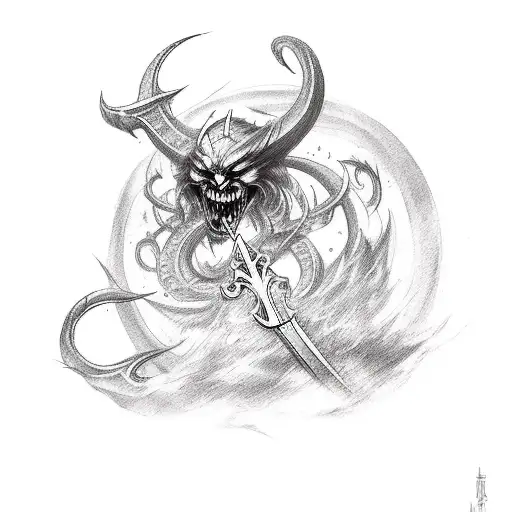 A Mystical Tattoo Design Depicting A Demon Holding A Sword In A Menacing Pose