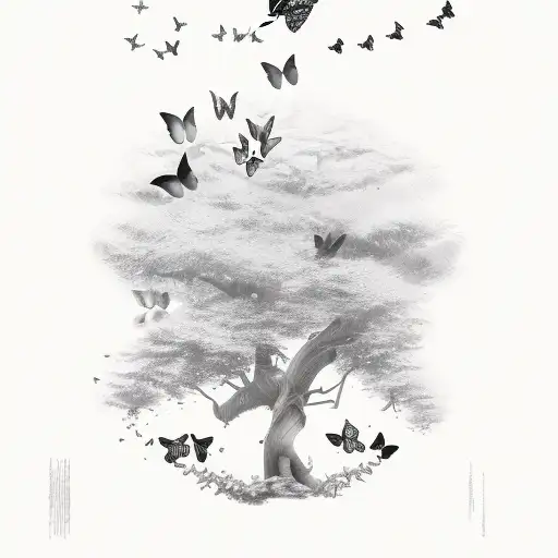 A Few Large Butterflies Flying Around A Tree With A Thick Trunk And Small Top