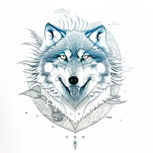 Wolf In The Ocean With Sun And Waves