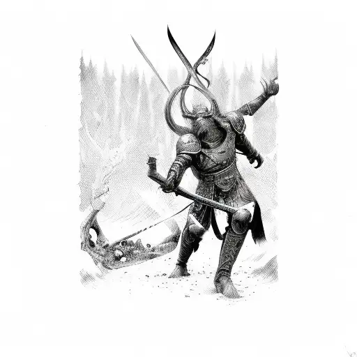 Samuri Vanquishing A Demon With His Sword