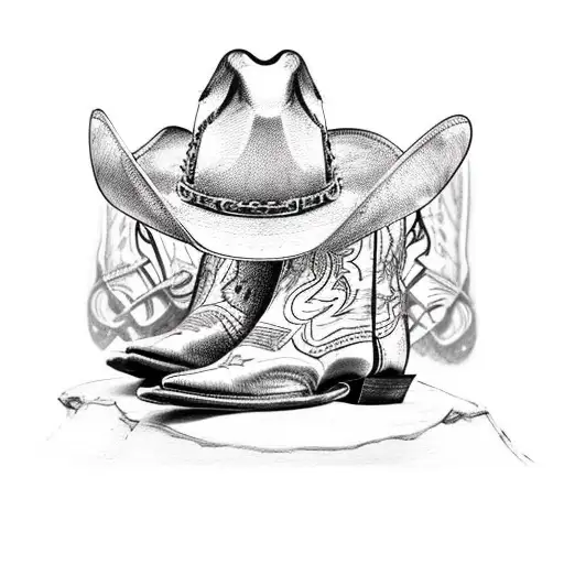 Cowboy Hat On Top Cowboy Boots With Spurs And Bull Skull