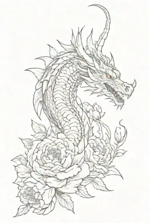 Dragon With A Long Body Among 2 Peonies Blooming
