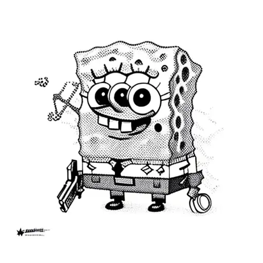 Spongebob With Black Leather Jacket With Bro Stitched To His Back Holding A Gun Upwards