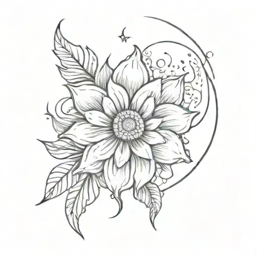 A Sketch Of A Flower Blooming Under A Smiling Moon