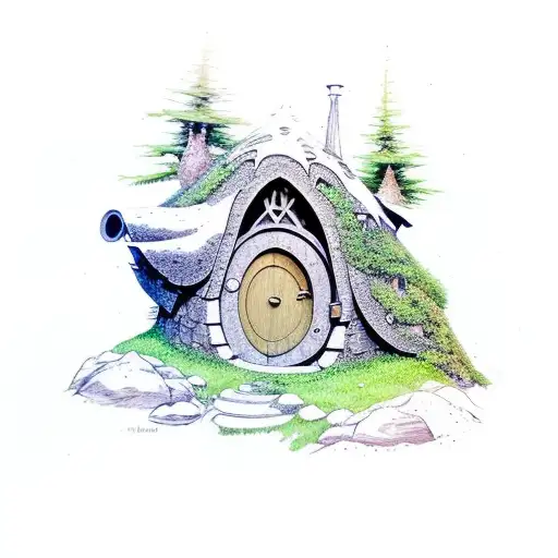 A Hobbit House Nestled In The Woods With A Galaxy Sky Background