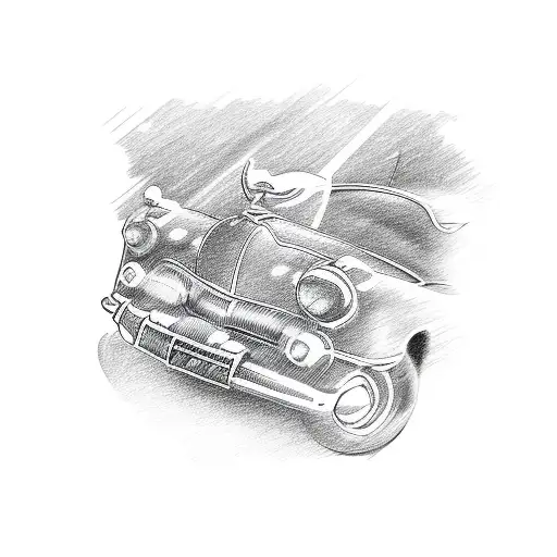 A Detailed Sketch Of A Vintage Car With Musical Notes Flowing From The Exhaust Pipes