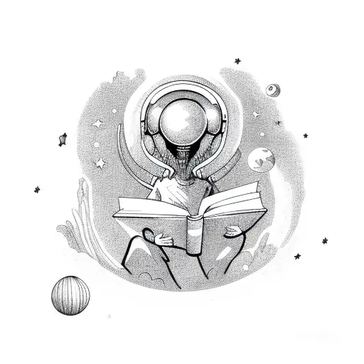 An Alien Reading A Book Under A Galaxy Sky