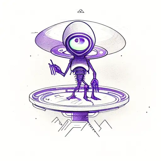 An Alien Is Sitting On A Space Plate And Holding A Large Purple Lamp In His Hand
