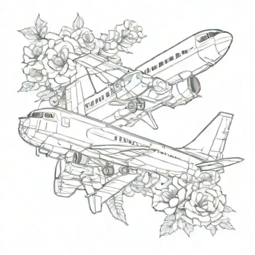 Line Drawing Airplane With Flowers Intertwined