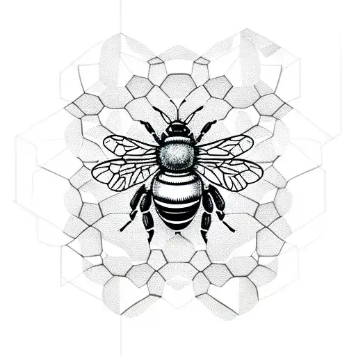 Bee On Geometric Honeycomb With Flowers