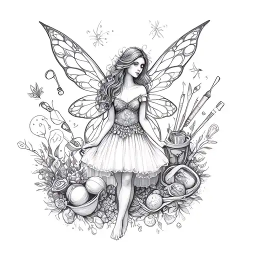 A Detailed Sketch Of A Fairy Surrounded By A Variety Of Crafting Supplies