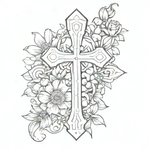 Ankh Symbol With 3 Small Flowers And 3 Big Flowers
