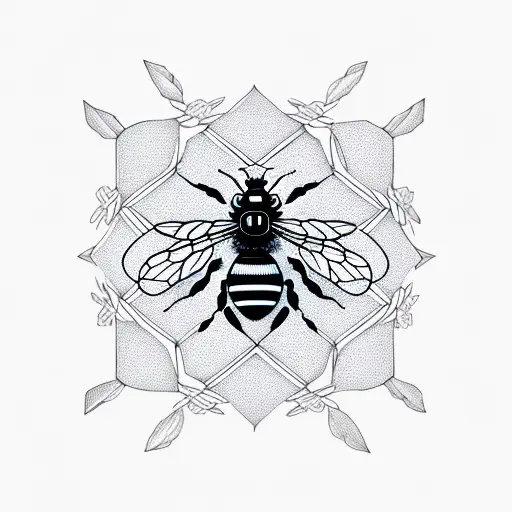 Bee On Geometric Honeycomb With Flowers