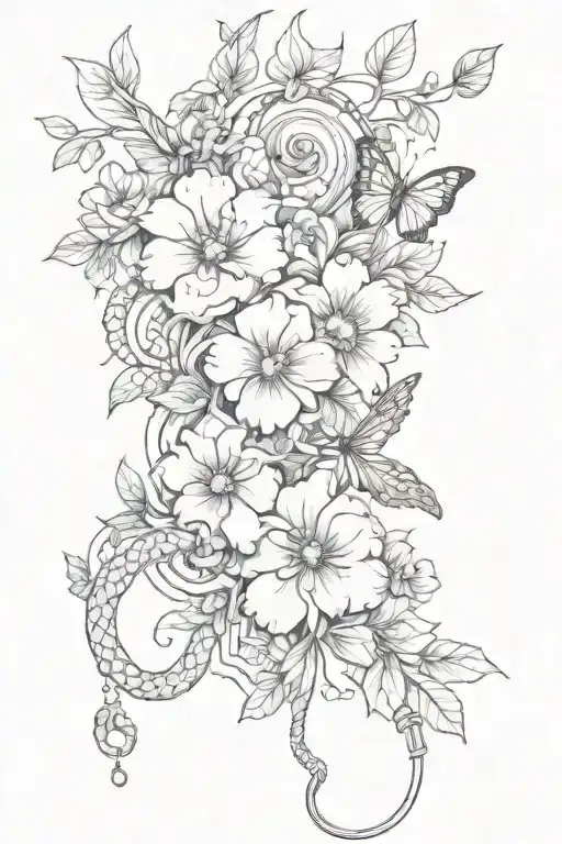 Hip To Thigh Tattoo Design Incorporating Elements Like Flowers And Snakes And Butterflies