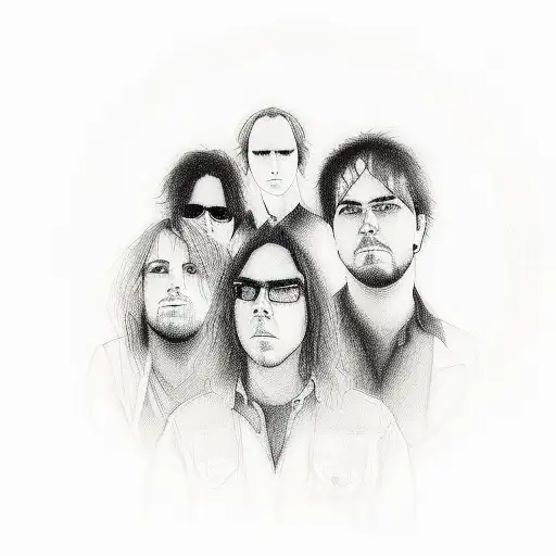 A Portrait Of The Band Members Of Airbag With A Subtle Nod To Pensamientos In The Background