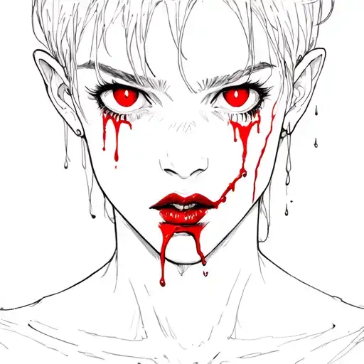 A Vampire Teen With Red Eyes And Blood On The Edge Of The Lips And Only The Color Black And Red