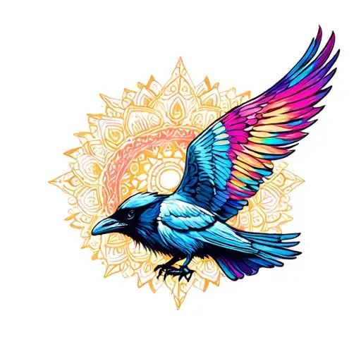 Flying Raven With Colorful Not Full Mandala Im Background For Back Sketch Tattoo Style