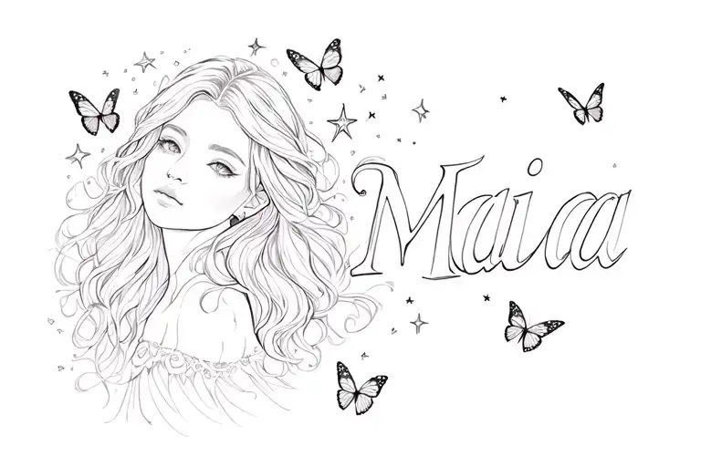 Maia Written In White Angelica With Little Stars And Butterflies Around