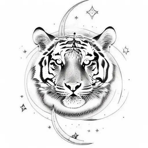 A Celestial Themed Tattoo Featuring A Tiger And Moon In A Sketch Style