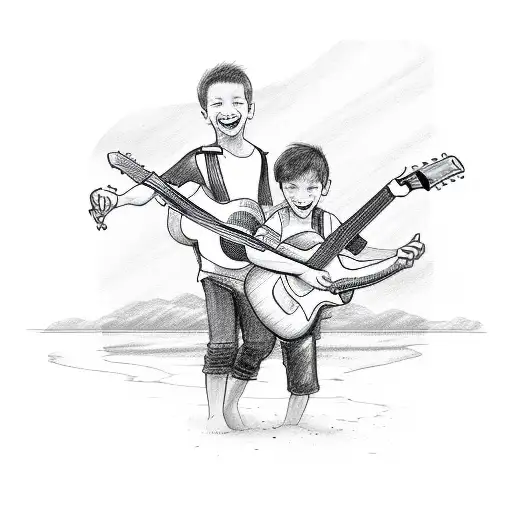 A Sketch-style Portrait Of The Client's Two Sons Playing Guitar On The Beach