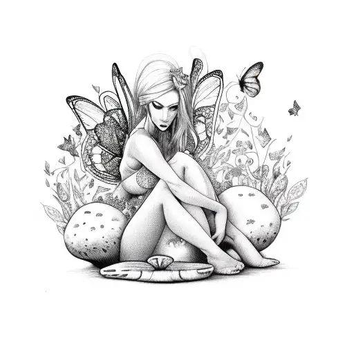 Sexy Adult Fairy Woman Sitting On A Mushroom Surrounded By Butterflies