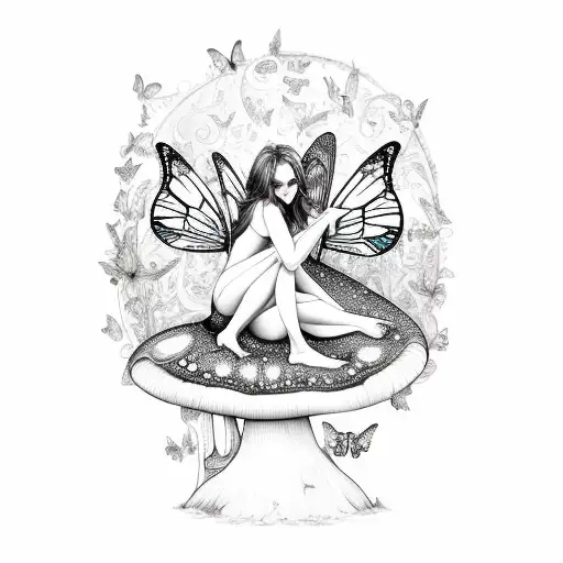 Sexy Adult Fairy Woman Sitting On A Mushroom Surrounded By Butterflies